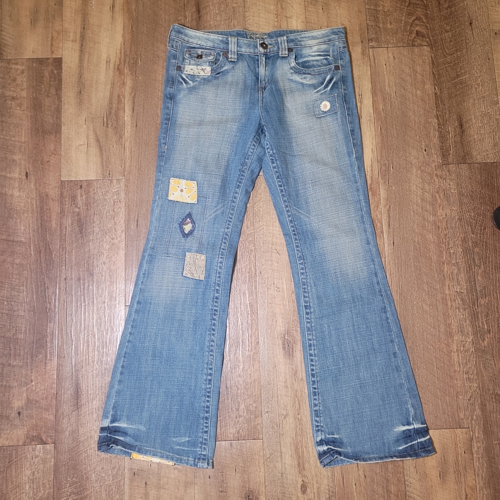 Vtg 100%Cotton Embroidered Patchwork Flared Hippie Jeans/t87